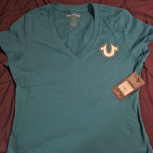 True Religion Blue V-Neck Tee with Logo
